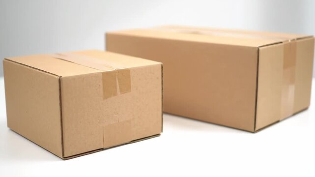 Cardboard Boxes on White Surface - This stock video shows two closed cardboard boxes of different sizes, sealed with transparent tape.