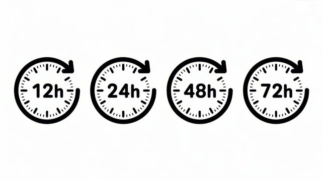 Time's Flow: A depiction of time measurement, showcasing the passage of 12, 24, 48, and 72 hours represented by clock faces.