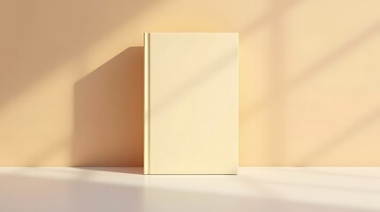 a lush 3D render of a minimal hardcover book mockup standing upright on a sleek table with soft shadows
