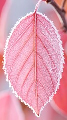A close-up shot displays a pinkish-red leaf outlined with delicate frost crystals. The veins are clearly visible