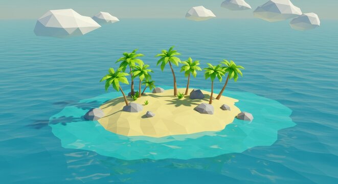 Island paradise with palm trees and blue ocean low poly illustration