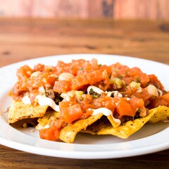 A close-up shot displays a plate of nachos with salsa and cream. Tortilla chips form a base