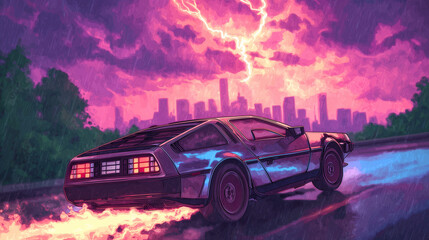 Vaporwave City Drive with Fiery Trails