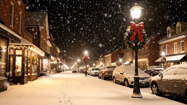 Snowy Christmas Evening on Main Street - A picturesque main street scene at night is blanketed in fresh snow, with illuminated storefronts and festive wreaths adorning lampposts.