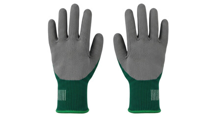 Isolated pair of gray and green protective work gloves for industrial safety and laboring