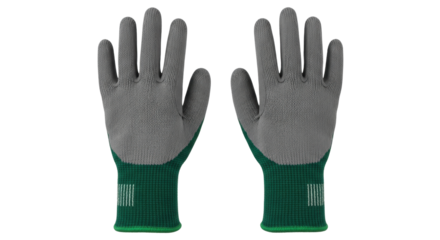 Isolated pair of gray and green protective work gloves for industrial safety and laboring