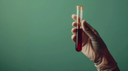 Hand in medical glove holding test tube with blood on green isolated background, laboratory sample research. Copy space