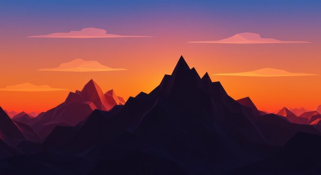 Low poly mountain range under a vibrant sunset sky with soft clouds