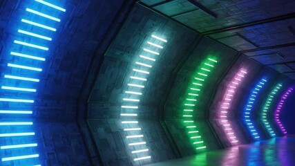 futuristic curved corridor with textured segmented walls Rows of glowing horizontal lights illuminate the space in vibrant blue cyan magenta and mixed hues reflecting brightly on the floor - Powered by Adobe