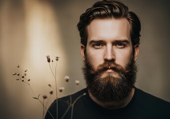 Fototapeta premium Bearded man posing with flowers against a warm-toned background 