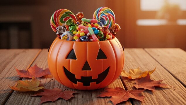 Halloween jack-o'-lantern bucket full of colorful candy on a rustic wood table. Autumn trick-or-treat celebration with fall leaves - Powered by Adobe