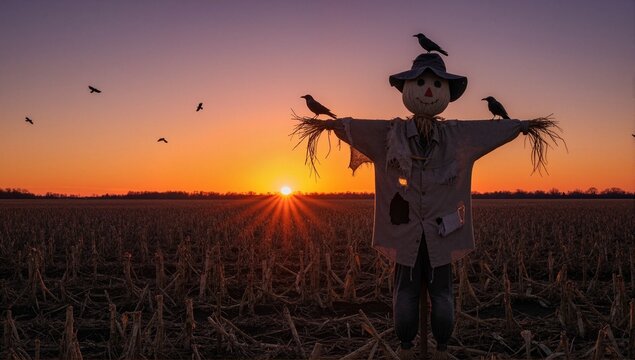 A spooky scarecrow with crows in a harvested cornfield at sunset. Autumn farm landscape for a halloween theme