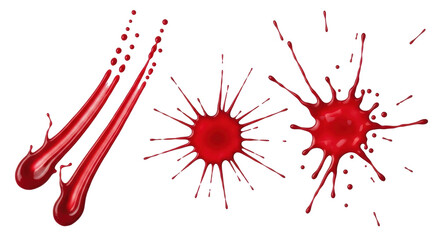 Isolated blood splatter set, red drops, blobs, droplets, stains, medical or crime concept