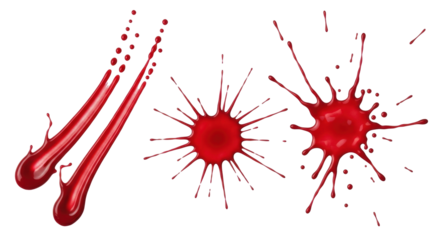 Isolated blood splatter set, red drops, blobs, droplets, stains, medical or crime concept