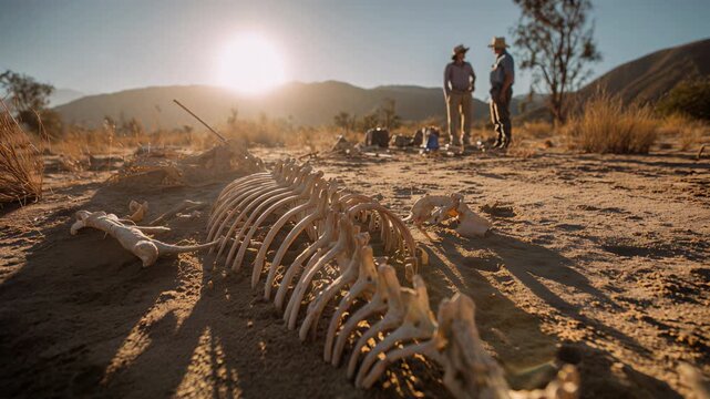 Two paleontologists studying a massive prehistoric animal skeleton fossil at an excavation site in a dry, sandy desert with a bright sun setting behind the distant mountains