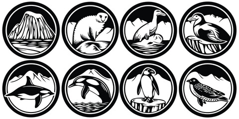 Vector art of arctic and Antarctic animals and landscapes in black and white collection