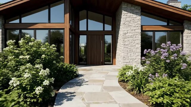 Modern Home Exterior with Landscaping - A contemporary home features stone accents and large windows, leading to a central wooden door. Lush green and flowering plants line the stone pathway.