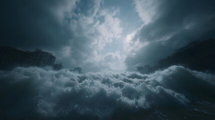 Obraz premium Massive ocean wave surges towards coastal city buildings under a stormy dramatic sky evoking a sense of disaster and power