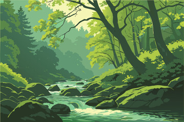 Fototapeta premium oil painting, beautiful lush forest, flowing stream, crystal clear water, rocky landscape, vibrant green foliage, dappled sunlight, serene and peaceful atmosphere, detailed and realistic, masterfull