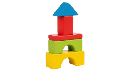 Isolated vibrant wooden building blocks stacked, cheerful colors, classic toy construction