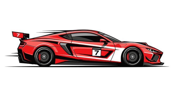 Dynamic Red Race Car Illustration with Speed Lines and Number 7.