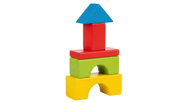 Isolated vibrant wooden building blocks stacked, cheerful colors, classic toy construction