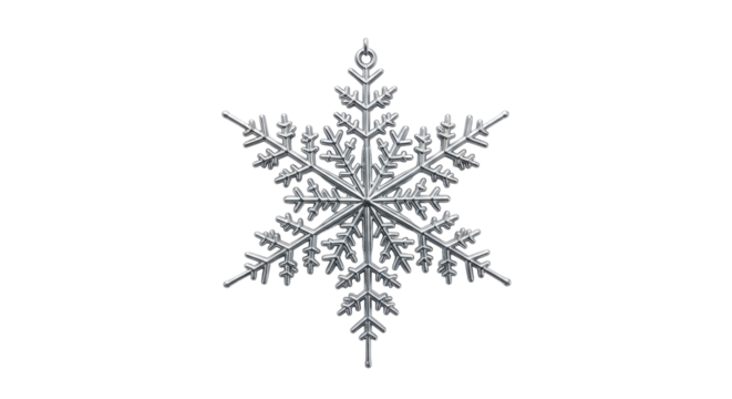 Isolated silvery snowflake ornament hanging, detailed Christmas and winter decoration
