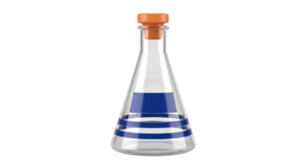 Isolated conical flask with blue stripes and orange stopper, scientific research tool