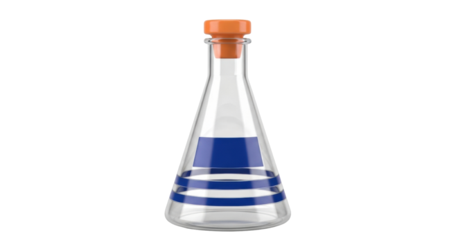 Isolated conical flask with blue stripes and orange stopper, scientific research tool