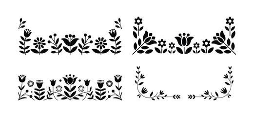 Black folk art floral borders and corner elements on white vector © Md. Golam Azam