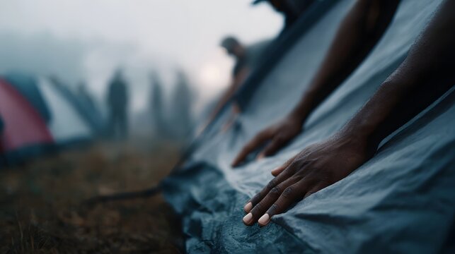 Hands work together to erect a tent in a foggy misty outdoor environment at dawn