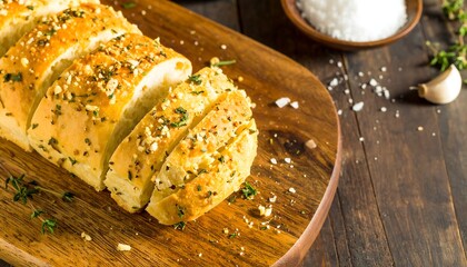A close-up shot displays freshly baked, golden-brown, sliced bread sprinkled with herbs and garlic, presented on a rustic wooden cutting board