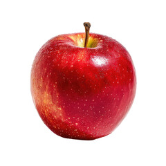 A vibrant, glossy red apple with subtle yellow highlights, showcasing its smooth skin and a small stem at its crown, set against a black background