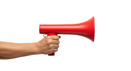 Isolated human hand holds red bullhorn megaphone, loud announcement, loud communication