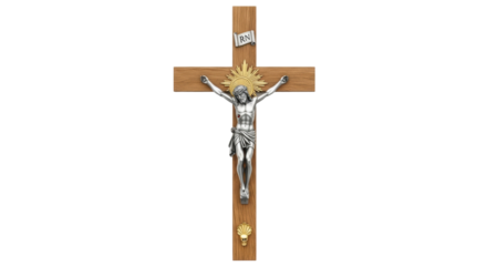 Isolated Crucifix with Jesus Christ figurine attached and a silver sign at the top