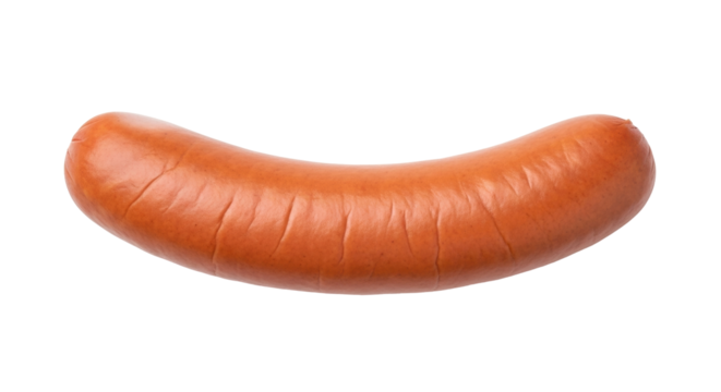 Isolated sausage, uncooked smoked brown frankfurter in curved shape, wiener meat food