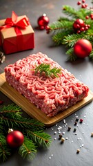 A close-up shot displays ground meat on a wooden board, decorated with Christmas elements, presents, and evergreen