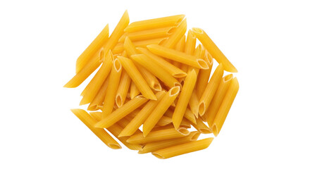 Isolated heap of uncooked penne pasta for traditional Italian cooking, healthy eating