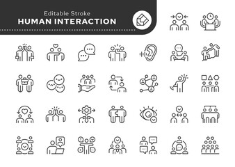 Human interaction line icon set. Communication, connection, friends, socializing, chat, mutual assistance, relationships, understanding, people.Outline icon in linear style. Vector collection.	