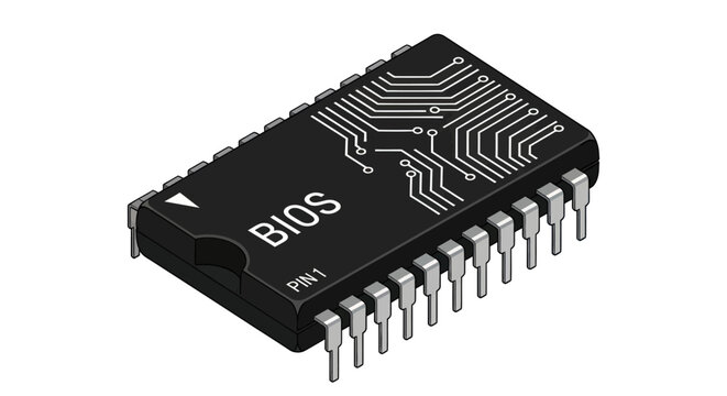 Black BIOS computer chip with silver pins and circuit board traces.