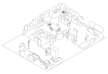 A black and white contour drawing of a house interior, featuring tables, chairs, and various objects arranged throughout the room on a plain white background. Isometric view