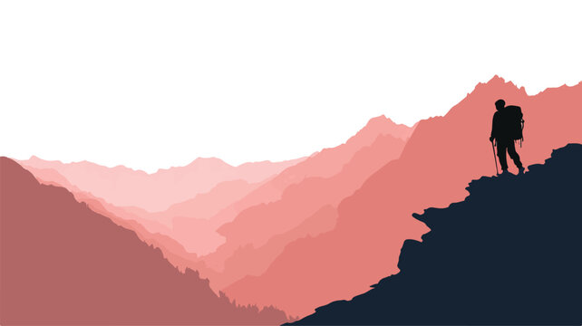 Adventure Seeker: Man Hiking Mountain with Backpack Vector Outline Isolated