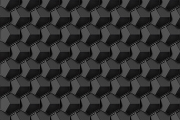 Black pentagonal surfaces forming low poly hexagonal structures which fully tile the screen. Illustration as background for online landing page and business slide presentation