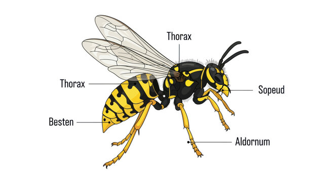 Detailed Illustration of a Yellowjacket Wasp with Anatomical Labels.