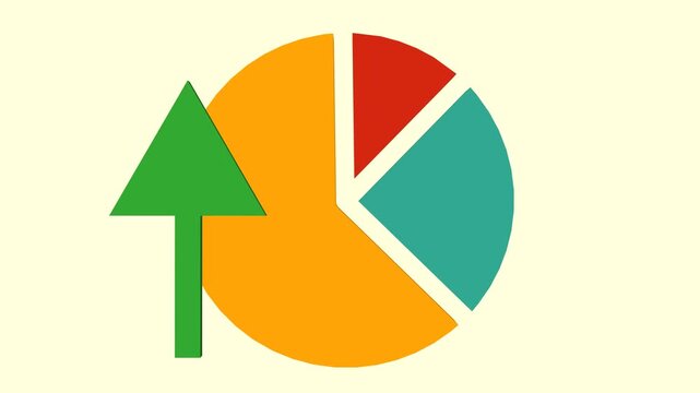 Flat vector illustration of a colorful pie chart with a green upward arrow, symbolizing growth, success, business performance, and positive financial results
