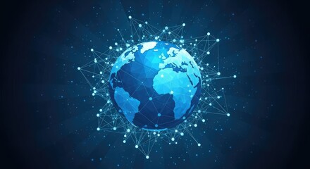 Naklejka premium Global Communication Network with Digital Earth Globe on Dark Blue Background