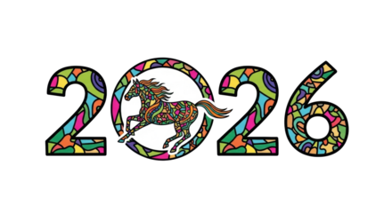Isolated Year 2026 horse mosaic, decorative artwork, year of the horse, vibrant coloring