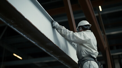 Structural steel construction involves worker painting large metal beam, ensuring structural integrity and longevity in industrial building.