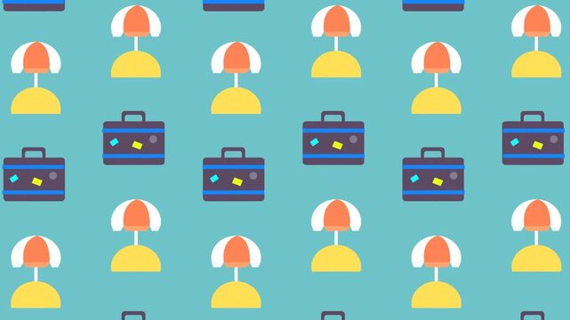 Seamless flat design pattern featuring travel icons such as suitcases and beach umbrellas on a blue background.
