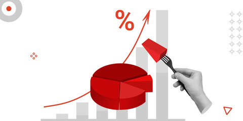 Red circular 3D chart with arrows and percentage signs. Concept of financial growth, analytics, and market performance. Minimalist art collage